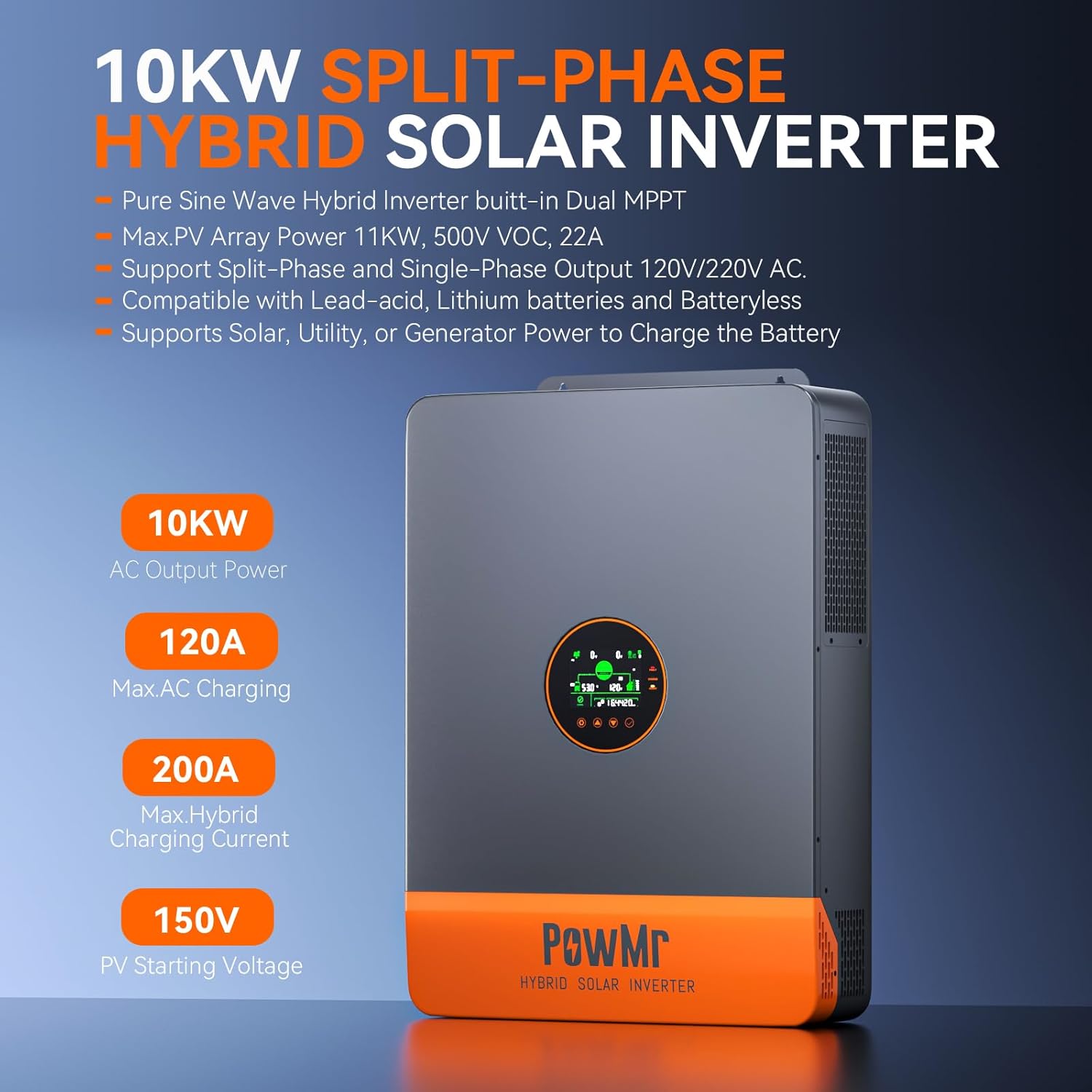 محول طاقة شمسية هجين PowMr بقد - مراجعة Split Phase Inverter 10Kw 110V 220V وسعره